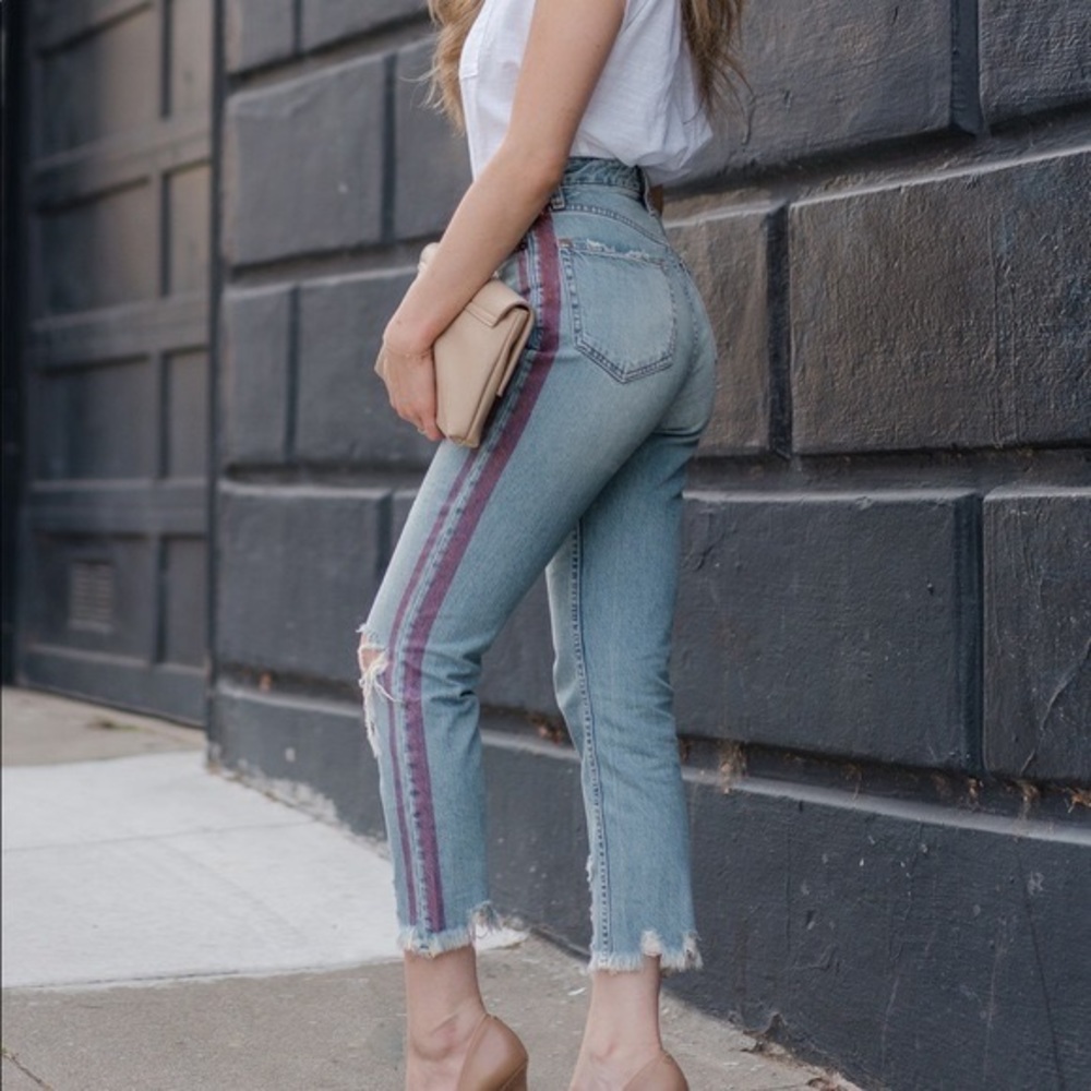 Stylish Women's Blue Jeans with Purple Stripe